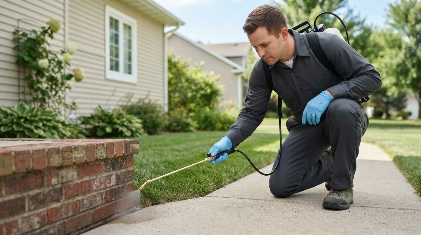 Pest control technician treating a home near Fuquay Varina, NC