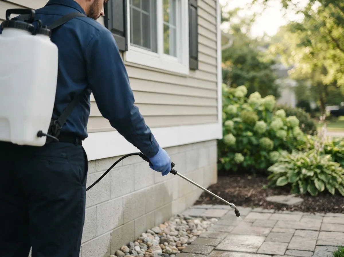 Pest control technician inspecting a home in Fuquay Varina, NC